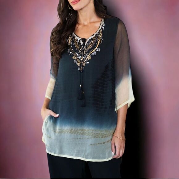 NOVICA Tie-Dye Beaded Viscose Tunic Top S - Picture 7 of 12